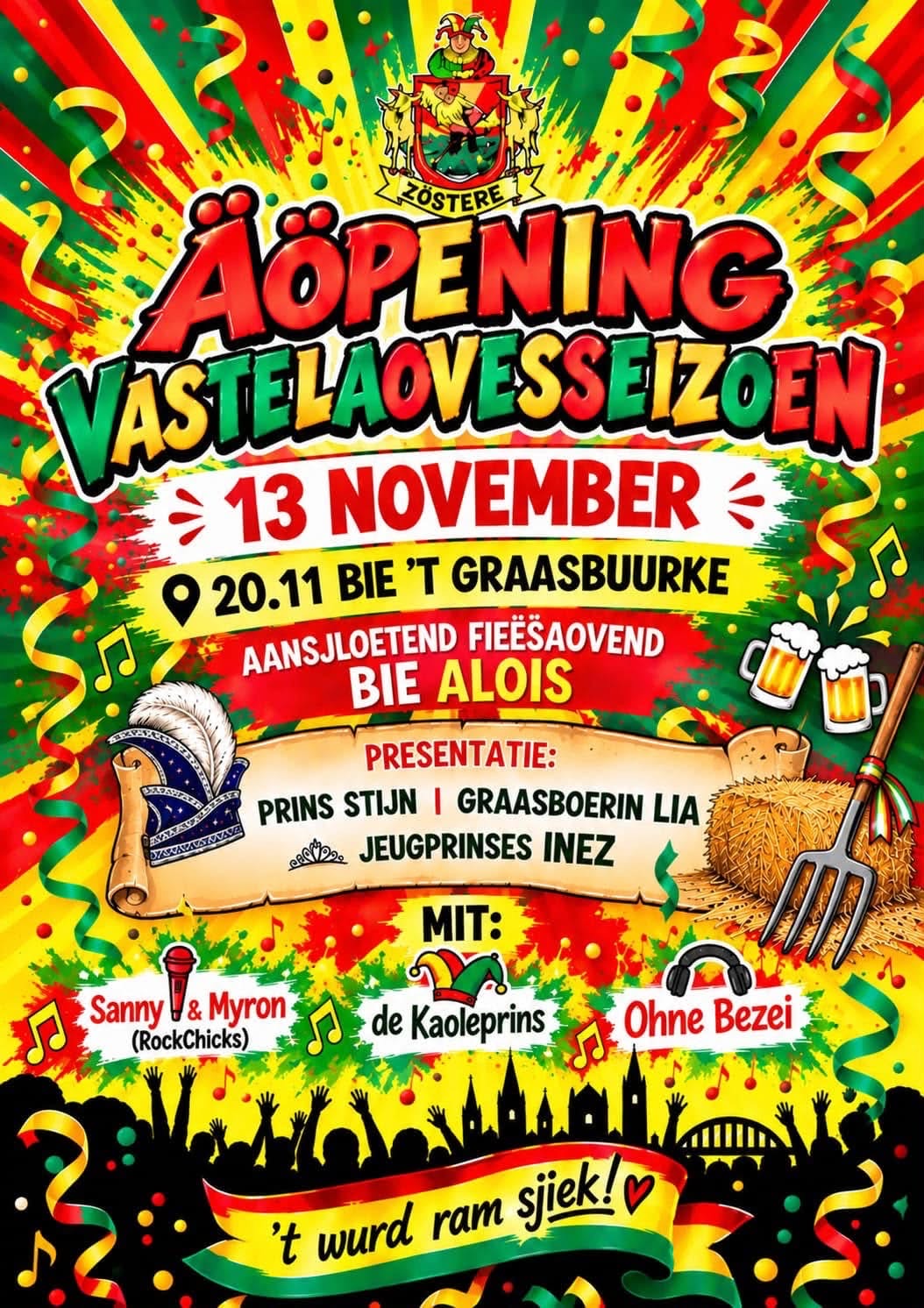 Affiche Äöpening vastelaovesseizoen, 13 november, 20.11 oer bie 't Graasbuurke